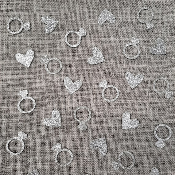 Silver Glitter Rings and Hearts Table Confetti: 50 Double Sided Decorations - Wedding / Engagement / Anniversary / Hen Party