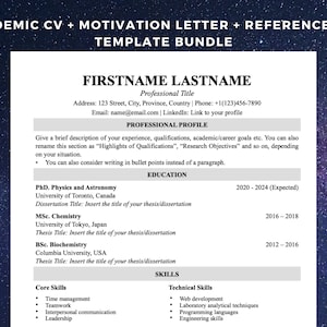 Plantilla de CV académico / Curriculum Vitae / Carta de motivación y paquete de plantillas de lista de referencias / Escuela de posgrado y solicitud de posdoctorado