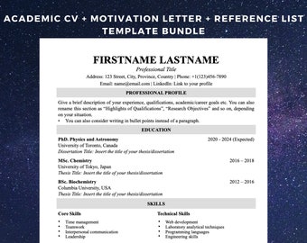 Academic CV Template Bundle: Cover Letter & Reference List (Digital Download)