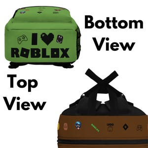 Pode incluir: Mochila verde com o texto "I ❤️ Roblox" e v&aacute;rios &iacute;cones relacionados a jogos. A parte inferior &eacute; marrom com gr&aacute;ficos adicionais tem&aacute;ticos de jogos. A mochila tem al&ccedil;as pretas e uma al&ccedil;a superior, perfeita para transportar material escolar ou equipamentos de jogos.