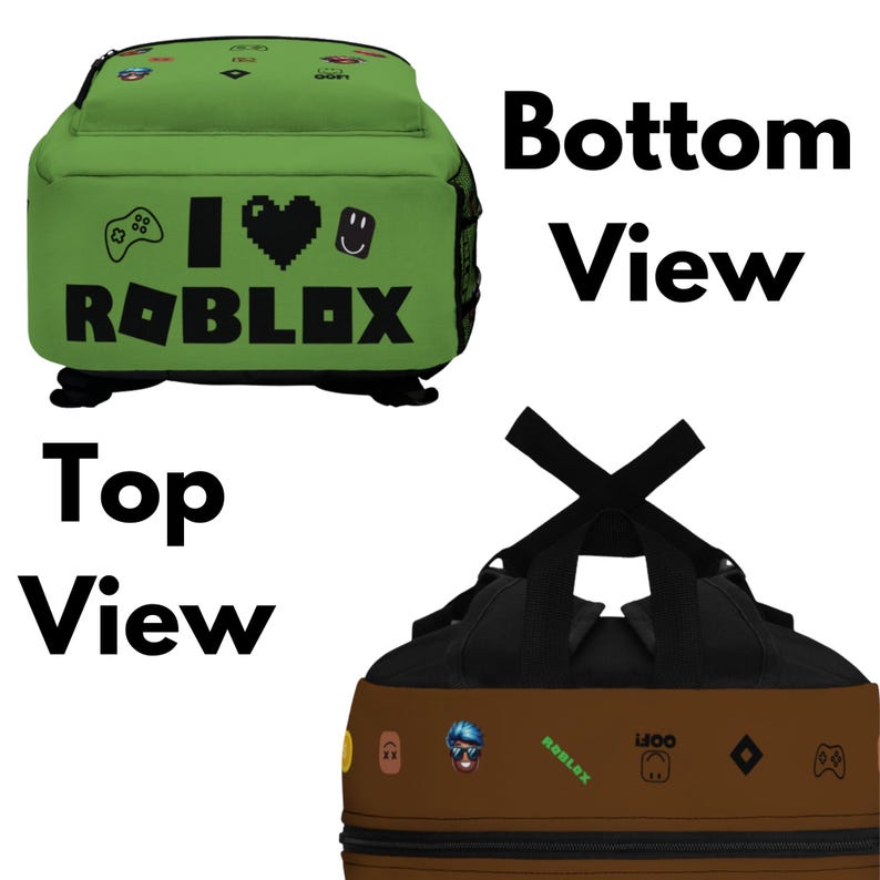 Pode incluir: Mochila verde com o texto "I ❤️ Roblox" e v&aacute;rios &iacute;cones relacionados a jogos. A parte inferior &eacute; marrom com gr&aacute;ficos adicionais tem&aacute;ticos de jogos. A mochila tem al&ccedil;as pretas e uma al&ccedil;a superior, perfeita para transportar material escolar ou equipamentos de jogos.