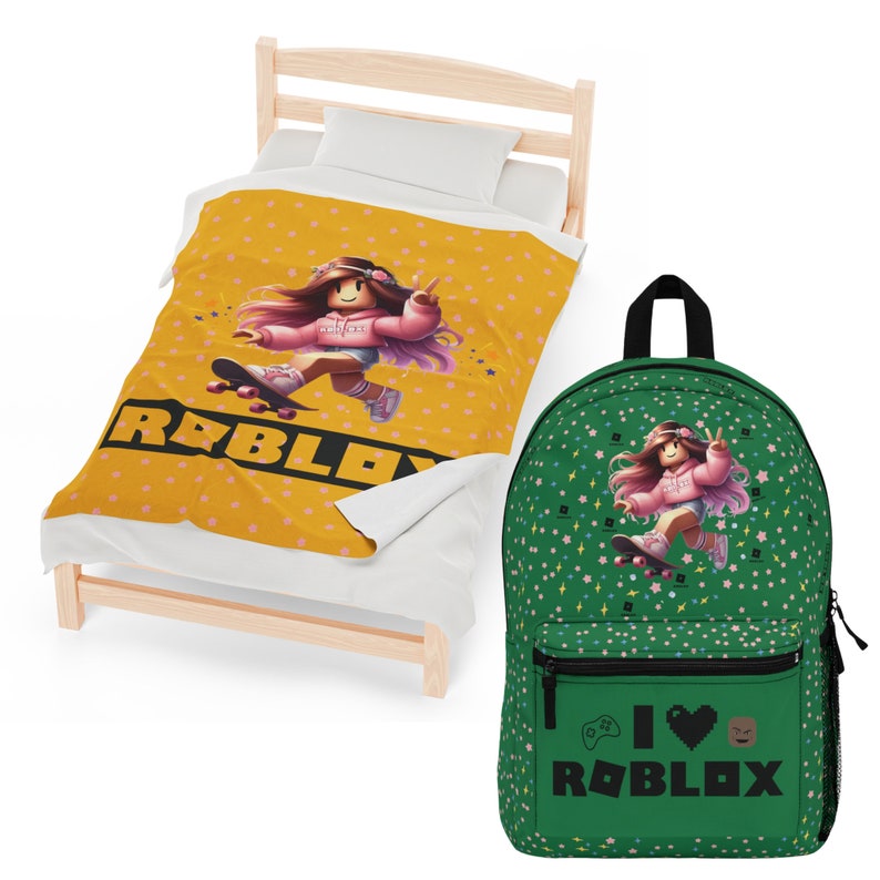 May include: A green backpack with a white and pink star pattern and the text "I love Roblox" on the front. The backpack features a cartoon girl on a skateboard. A yellow blanket with a cartoon girl on a skateboard and the text "Roblox" is also shown.
