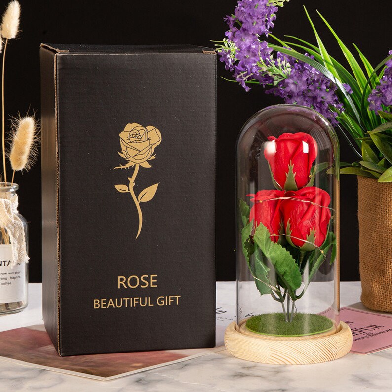 Pink Rose Preserved Roses In Glass Dome With LED Light Eternal