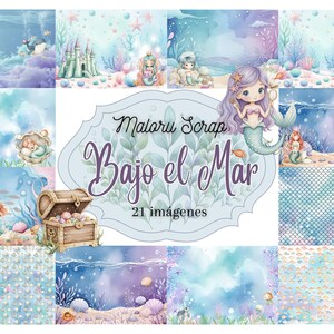 Colección Digital. Bajo el Mar. 30 papeles de Scrapbooking. PDF descargable. Sirenas. Oceano. Infantil. azul. Mar. Peces.Niña y niño.
