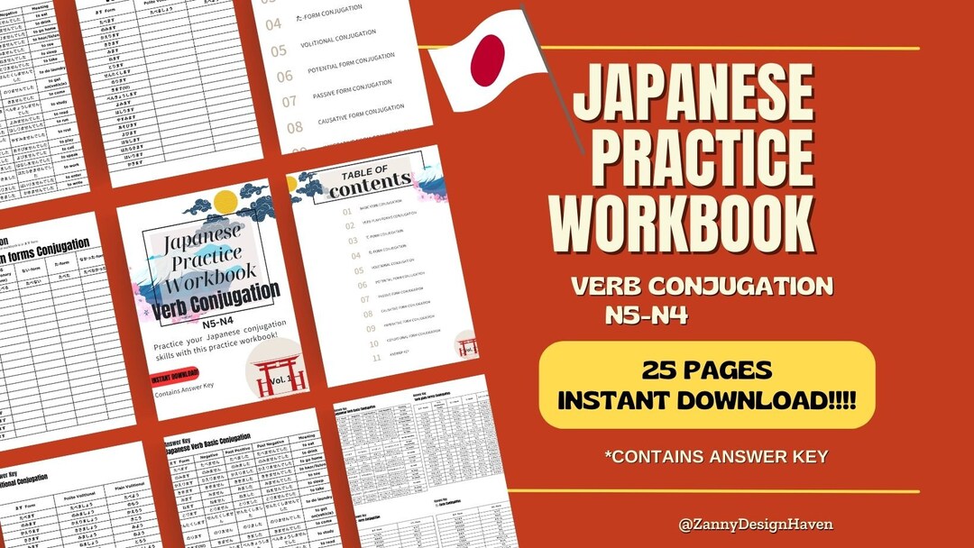 Japanese Printable Practice Workbook Verb Conjugation for JLPT ...