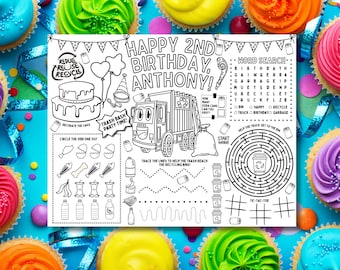 May include: A black and white printable activity sheet for a 2nd birthday party for Anthony, featuring a cartoon garbage truck, a word search, a maze, a tic-tac-toe game, and various coloring illustrations including a cake and recycling items.