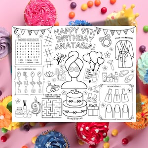 Personalized Spa Birthday Party Coloring Placemat For Kids, Spa Activity Sheet, Spa Party, Custom, Spa Birthday Party Favor, Girls Birthday