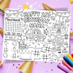 Personalized Princess Birthday Party Placemat: Kids Coloring Activity (PDF)