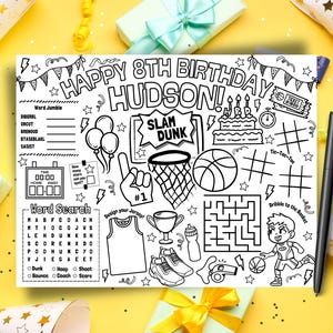 Personalized Basketball Birthday Placemat, Basketball Coloring Placemat, Basketball Birthday Party Favor, Custom Activity Mat, Sports Themed