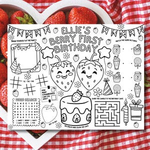 Personalized Strawberry Birthday Party Activity Placemat, Berry First Birthday Coloring, Berry 1st Birthday ,Strawberry Party, Party Favor