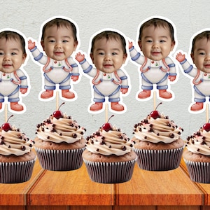 Personalized Astronaut face Cupcake Topper, Space Birthday, around the Sun Birthday Decor, face on a stick, custom cupcake toppers