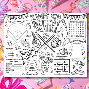 Jogo americano de softball personalizado para aniversário, atividades para imprimir e colorir de softball, folha de atividades personalizada para festa, colorir, lembrancinhas de festa