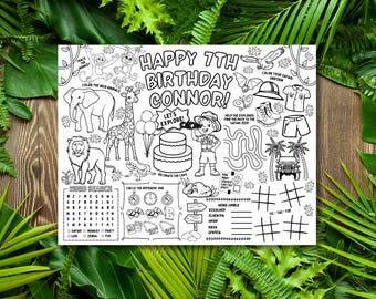 Personalized Safari Birthday Placemat: Jungle Activity Coloring Page (PDF)