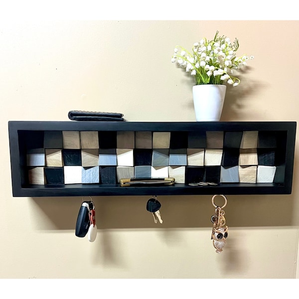 Floating Entryway Key Holder Organizer Shelf with Modern Cube Wood Art and Flush Magnetic Key Holders