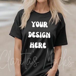 Bella Canvas 3001 Black Tshirt Mockup, 3001 Black T-shirt Mock-up, Real Model Mock, Beach Mockup of Cozy Women in Black Bella Canvas Shirt