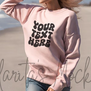 Gildan 18000 Pink Sweatshirt Mockup, G180 Pink Crewneck Mockup, Beach Model Mock of Gildan 18000 Pink Sweater Simple Natural Basic Mockup