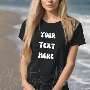 Bella Canvas 3001 Black Tshirt Mockup, 3001 Black T-shirt Mock-up, Real Model Mock, Beach Mockup of Cozy Women in Black Bella Canvas Shirt