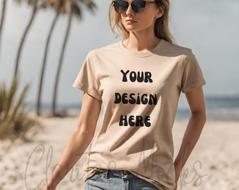 Maqueta de camiseta Bella Canvas 3001 Sand, escena de playa (descarga digital)