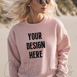 Gildan 18000 Pink Sweatshirt Mockup, G180 Pink Crewneck Mockup, Beach Model Mock of Gildan 18000 Pink Sweater Simple Natural Basic Mockup