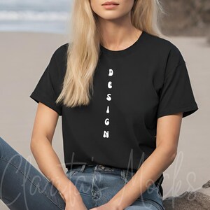 Bella Canvas 3001 Black Tshirt Mockup, 3001 Black T-shirt Mock-up, Real Model Mock, Beach Mockup of Cozy Women in Black Bella Canvas Shirt