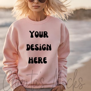 Gildan 18000 Pink Sweatshirt Mockup, G180 Pink Crewneck Mockup, Beach Model Mock of Gildan 18000 Pink Sweater Simple Natural Basic Mockup