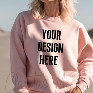 Gildan 18000 Pink Sweatshirt Mockup, G180 Pink Crewneck Mockup, Beach Model Mock of Gildan 18000 Pink Sweater Simple Natural Basic Mockup