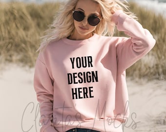 Gildan 18000 Pink Sweatshirt Mockup, G180 Pink Crewneck Mockup, Beach Model Mock of Gildan 18000 Pink Sweater Simple Natural Basic Mockup