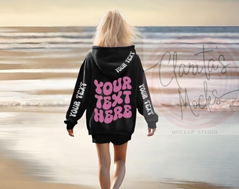Gildan 18500 Black Hoodie Back Mockup, Beach Model (Digital Download)