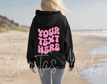 Gildan 18500 Black Hoodie Back Mockup, Beach Model Mock (Digital Download)