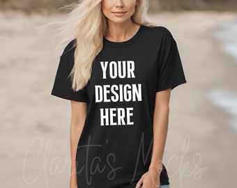 Black Comfort Colors T-Shirt Mockup, Women's Beach Mock (Digital Download)
