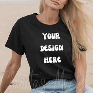 Bella Canvas 3001 Black Tshirt Mockup, 3001 Black T-shirt Mock-up, Real Model Mock, Beach Mockup of Cozy Women in Black Bella Canvas Shirt
