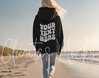 Gildan 18500 Black Hoodie Back Mockup, Beach Model (Digital Download)