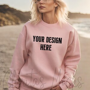 Gildan 18000 Pink Sweatshirt Mockup, G180 Pink Crewneck Mockup, Beach Model Mock of Gildan 18000 Pink Sweater Simple Natural Basic Mockup