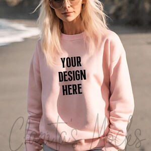 Gildan 18000 Pink Sweatshirt Mockup, G180 Pink Crewneck Mockup, Beach Model Mock of Gildan 18000 Pink Sweater Simple Natural Basic Mockup