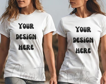 Bella Canvas 3001 White Tshirt Mockup, 3001 White T-shirt Mock-up, Real Model Mock, Two Women Mockup of 2 Women in White Bella Canvas Shirt