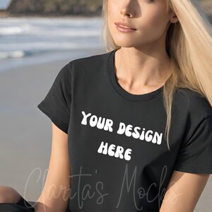 Bella Canvas 3001 Black Tshirt Mockup, 3001 Black T-shirt Mock-up, Real Model Mock, Beach Mockup of Cozy Women in Black Bella Canvas Shirt