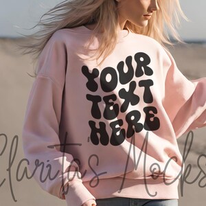 Gildan 18000 Pink Sweatshirt Mockup, G180 Pink Crewneck Mockup, Beach Model Mock of Gildan 18000 Pink Sweater Simple Natural Basic Mockup