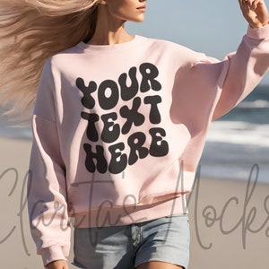 Gildan 18000 Pink Sweatshirt Mockup, G180 Pink Crewneck Mockup, Beach Model Mock of Gildan 18000 Pink Sweater Simple Natural Basic Mockup