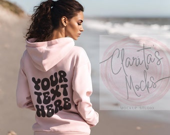 Pink Gildan 18500 Hoodie Back Mockup, Beach Model Mock (Digital Download)