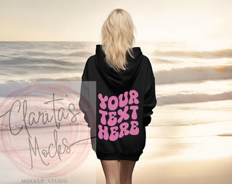 Gildan 18500 Black Hoodie Back Mockup, Beach Model (Digital Download)