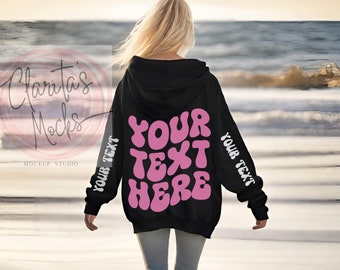 Gildan 18500 Black Hoodie Back Mockup, Beach Model (Digital Download)