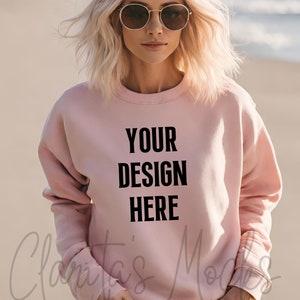 Gildan 18000 Pink Sweatshirt Mockup, G180 Pink Crewneck Mockup, Beach Model Mock of Gildan 18000 Pink Sweater Simple Natural Basic Mockup