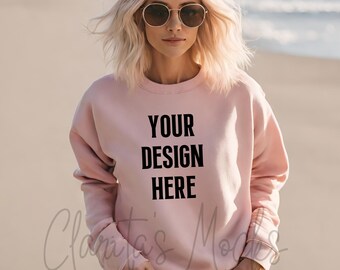 Gildan 18000 Pink Sweatshirt Mockup, G180 Pink Crewneck Mockup, Beach Model Mock of Gildan 18000 Pink Sweater Simple Natural Basic Mockup