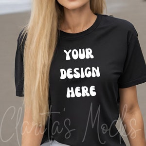 Bella Canvas 3001 Black Tshirt Mockup, 3001 Black T-shirt Mock-up, Real Model Mock, Beach Mockup of Cozy Women in Black Bella Canvas Shirt