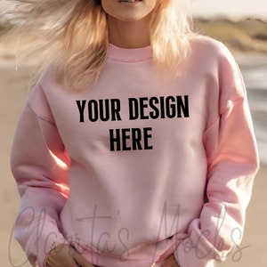 Gildan 18000 Pink Sweatshirt Mockup, G180 Pink Crewneck Mockup, Beach Model Mock of Gildan 18000 Pink Sweater Simple Natural Basic Mockup