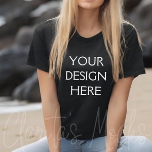 Bella Canvas 3001 Black Tshirt Mockup, 3001 Black T-shirt Mock-up, Real Model Mock, Beach Mockup of Cozy Women in Black Bella Canvas Shirt
