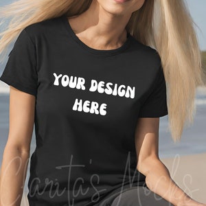 Bella Canvas 3001 Black Tshirt Mockup, 3001 Black T-shirt Mock-up, Real Model Mock, Beach Mockup of Cozy Women in Black Bella Canvas Shirt