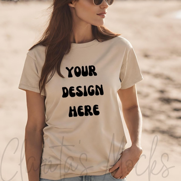 Bella Canvas 3001 Sand Tshirt Mockup, 3001 Sand T-shirt Mock-up, Real Model Mock, Sand Beach Mockup of Cozy Women in Sand Bella Canvas Shirt