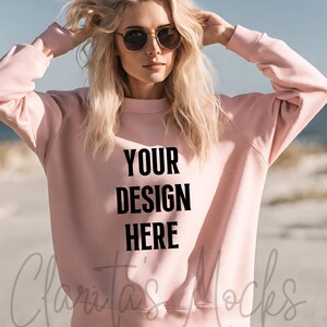 Gildan 18000 Pink Sweatshirt Mockup, G180 Pink Crewneck Mockup, Beach Model Mock of Gildan 18000 Pink Sweater Simple Natural Basic Mockup