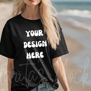 Bella Canvas 3001 Black Tshirt Mockup, 3001 Black T-shirt Mock-up, Real Model Mock, Beach Mockup of Cozy Women in Black Bella Canvas Shirt